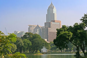 View across the lake in Lumpini Park in Bangkok, Thailand