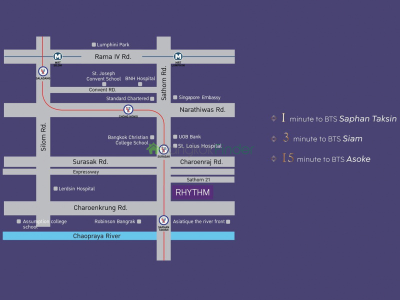 Rhythm Sathorn
The Rhythm Sathorn condominium in Bangkok is a carefully crafted architectural masterpiece that definitely steals the heart of premium home-seekers in vibrant Bangkok city and beyond. This property does not just come along with the best of modern facilities, it is seated in a locality that offers premium local amenities to its residents. Right from the building, you can gain quick access to great amenities in no time, these include the likes of international schools, banks, chic shopping malls, restaurants, countless entertainment centers and more. Thanks to the brilliant and strategic network of roads and the amazing BTS Surasak, your reach to the larger parts of Bangkok is as good as it gets. Do contact us if you are looking to acquire a unit in this building. We give best offers and promotions.
ABOUT
Rhythm Sathorn is a top notch condominium project, developed by the reputable AP (Thailand) in Bangkok. The Condominium is made up of  2 buildings with 37 floors and a total of 910 residential units. The construction of this building was completed in 2014.
LOCATION
Rhythm Sathorn is conveniently located at 143 Thanon Sathon Tai, Khwaeng Yan Nawa, Khet Sathon, Krung Thep Maha Nakhon 10120 just within 560 m from the Surasak. The nearest tollway entrance is located 620 m by car from the condo.
SHOPS 
•	Blue Shop – 1.5 km
•	7 Eleven –730m
•	Tops Supermarket--1.9km
•	Tops daily –1.9km 
•	Vanina Moon –1.9km
SCHOOLS 
•	Wat Yannawa School – 540 m
•	Rajamangala University Of Technology Krungthep, South Bangkok –610m 
•	Kosolvithaya School
•	Satri Si Suriyothai School—720m
•	King Mongkut\'s University Of Technology Thon Buri—720m


RESTAURANTS
•	Ban Baep Ahan And Ngan Sin Restaurant – 65m
•	Pizza Hut—360m 
•	Healthy Breakfast –560m
•	Aroi Rai Thiam Than Restaurant—650m
•	Blue Elephant –640m
FACILITIES
The state-of-the-art Rhythm Sathorn condominium flaunts facilities such as elevator, parking, 24-hours security, cctv, sauna, gymnasium, garden / bbq and swimming pool.


